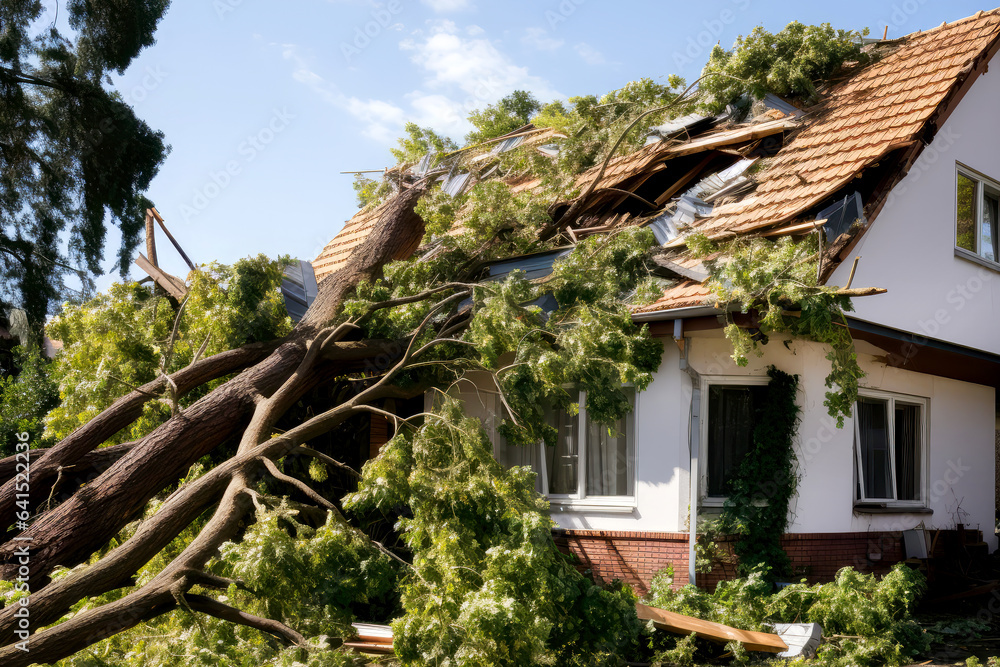 Ein zerstörtes haus wegen einem Baum 